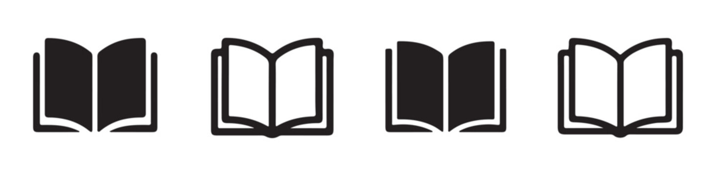 Professional open book icons in silhouette and stroke styles for educational applications and web interfaces.