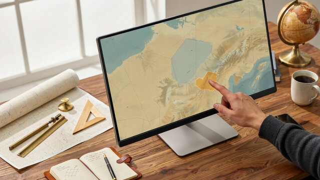 A person interacts with a digital map displayed on a modern touch screen monitor on a rustic wooden desk with drafting tools
