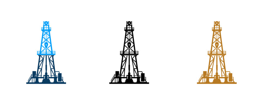 Set of three oil drilling rig icons in different colors.