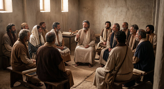 The Council of Jerusalem debating Gentile believers, Acts 15 New Testament biblical scene, apostles and elders, early Christian church