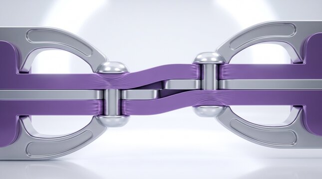 Interlocking connection links made of silver metal and purple flexible material, symbolizing strong unbreakable bond and teamwork.