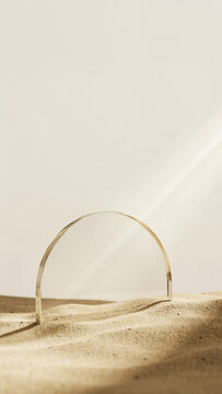 Semi-circular glass arch casting a shadow on desert sand with transparent abstract sculpture geometric background composition aesthetic creative photography sunlight material architecture