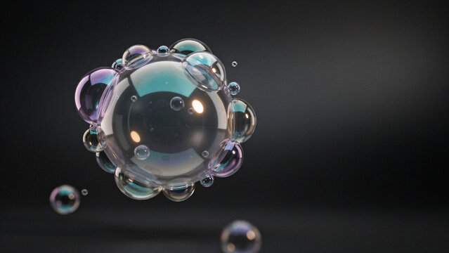 Cluster of iridescent soap bubbles floating against a dark background with iridescent floating translucent background colorful shimmering reflection chemistry abstract structure delicate