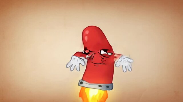 Animated cartoon rocket character waving in space