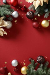 Naklejka na ściany i meble Christmas flat lay with red background and luxury ornaments