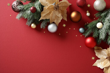 Naklejka na ściany i meble Christmas flat lay with red background and luxury decorations