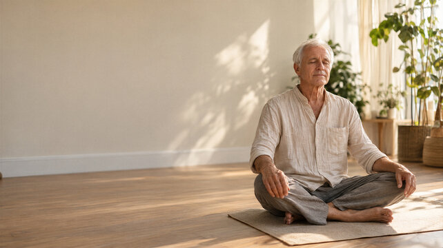 Senior man meditating cross-legged in a sunlit living room