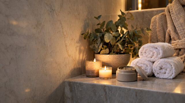 Eucalyptus and candlelit spa arrangement on a marble bathroom shelf