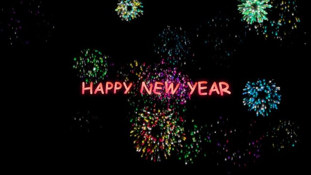Happy New Year fireworks celebration background with colorful exploding pyrotechnics and glowing text on a dark night sky for festive holiday greetings and party events.