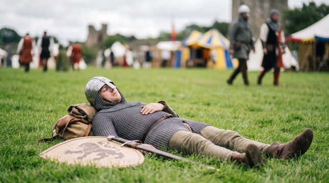 Medieval soldier in chainmail and a metal helmet naps on grass beside a shield and sword at a reenactment camp