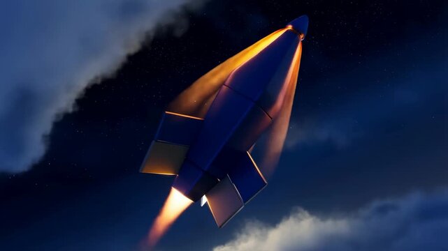 Cartoon rocket launching through cloudy night sky