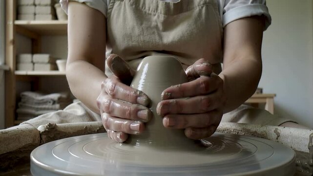 Shaping potter centering on wheel pulling clay forming vessel by left window wearing beige apron