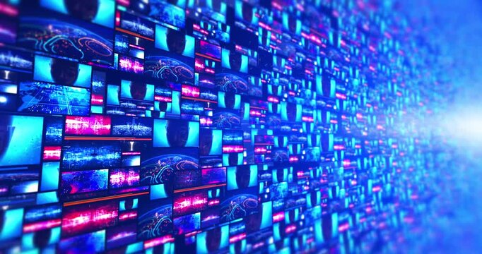 Futuristic digital video wall animation featuring a continuous stream of glowing data and matrix panels.