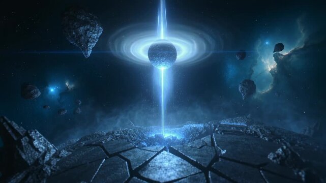 Emitting haloed device sending beam onto cracked asteroid rock in space, energizing fissures