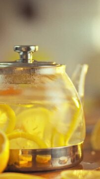 Inside a bright kitchen, a clear glass teapot holds brewing tea with lemon and ginger slices, surrounded by cooking utensils, representing a simple food and beverage preparation process