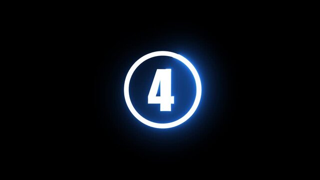 4 second countdown timer with glowing blue neon circle ring animation and Glowing blue neon light 4 seconds countdown timer overlay video animation motion graphics
