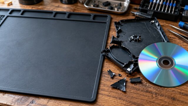 Broken hard drive and compact disc on technician workbench