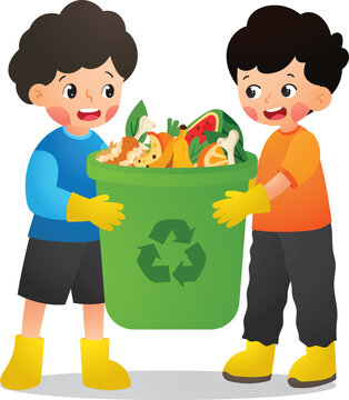 Two Children Collecting Organic Waste in a Large Recycling Bin