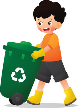 Cute Child Carrying Green Recycling Bin for Waste Sorting Illustration
