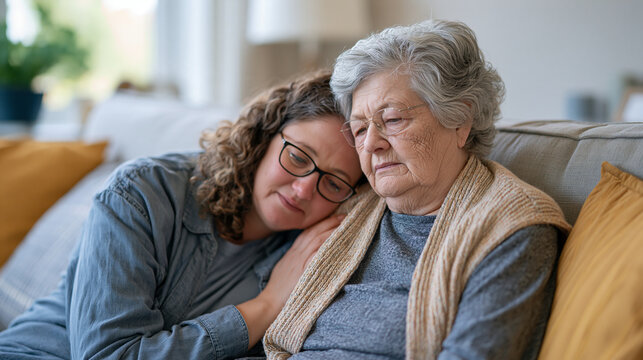 An adult daughter resting her head against her elderly mother's shoulder on a sofa, both quiet, the daughter tearful, the mother unaware, caregiver grief, Alzheimer's emotional