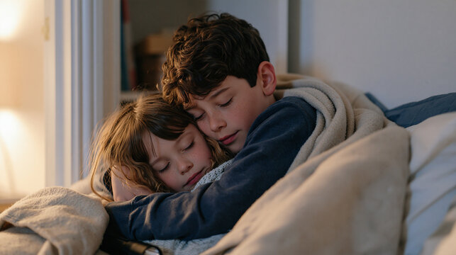 Two young siblings huddled together under a blanket in a closet during a volatile episode in the home, older sibling shielding the younger with one arm, flashlight in hand,