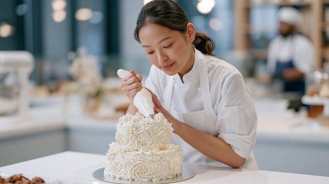 A young pastry chef in a white apron carefully piping intricate floral buttercream rosettes onto a tiered celebration cake at a bright bakery counter, cake decorating day, october