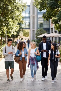 Diverse group of college students walking on a city sidewalk smiling with books and backpacks