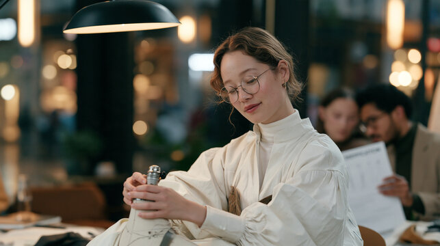 Fit model calibrating a dress form instrument in a dim studio lit by a single artificial overhead lamp, a couple consulting a fabric specification sheet together in the