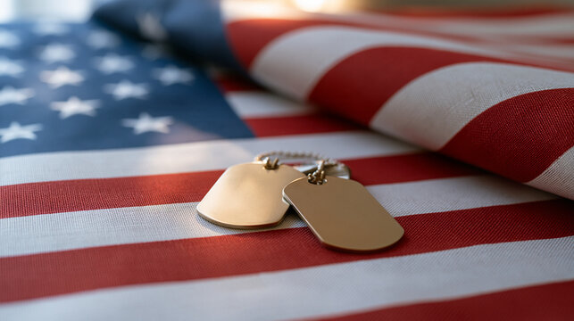 Close up of dog tags lying on a folded military flag inside a shadow box, grief keepsake, fallen soldier memorial display, wartime loss tribute, veteran family heirloom, military