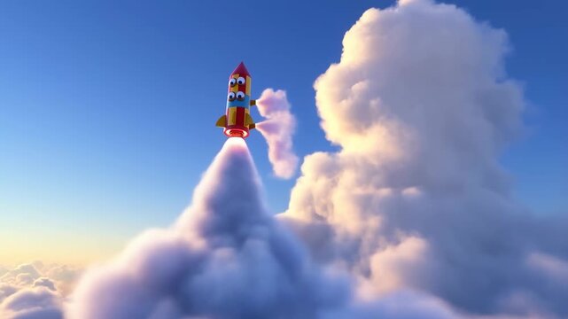 Colorful cartoon rocket ascending through fluffy clouds