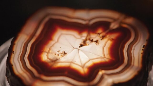 Macro view of an illuminated agate slice with concentric layered formations resembling a geological cross section