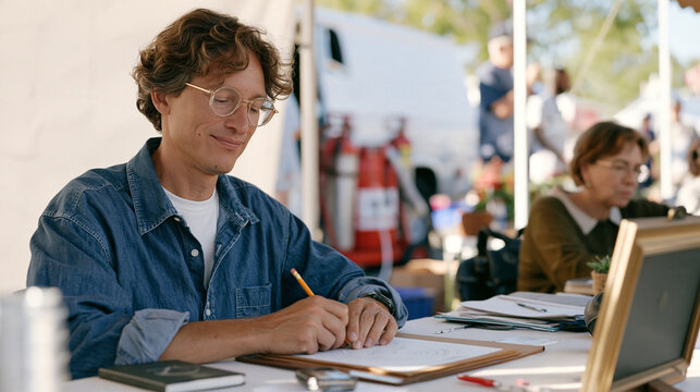 Astrologer at a county fair sharpening a pencil before annotating a natal chart at a canvas booth, protective UV-filter reading glasses worn throughout, steam cleaning equipment