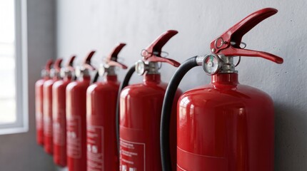 Obraz premium Row of red fire extinguishers lined up in a facility setting