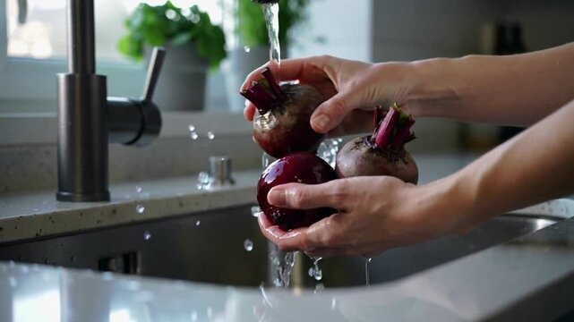 Rinsing bare-armed hands rotating three beets under running faucet at kitchen sink, for prep