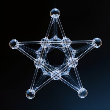 Abstract Symmetrical Glass Star Structure with Fine Web Threads on Black Background