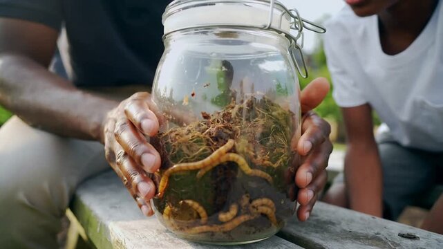 Placing glass jar in garden, adult male in dark polo rotating jar, showing larvae to boy