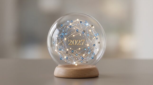 Crystal ball with glowing network and the year 2027 inside, symbolizing future technology and predictions