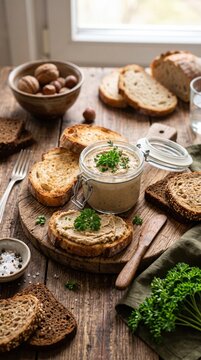 Savory p&acirc;t&eacute; in a jar with toasted bread and parsley on a wooden board