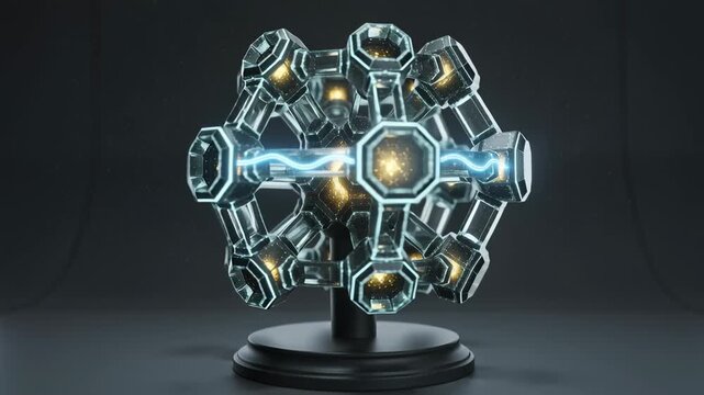 Powering geometric sculpture rotating in studio, pulsing golden nodes and blue tubes
