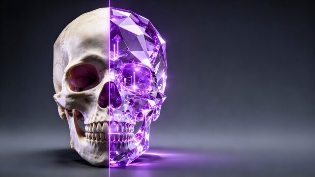 Split skull half bone half purple crystal diamond