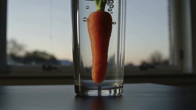 Lowering hand placing orange carrot green-topped into glass at window dusk, bubbling and settling