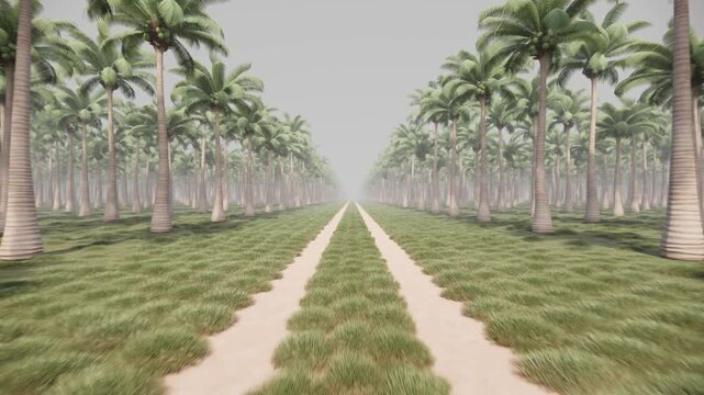 A realistic 3D animated rendering moving forward along a row of large coconut trees on a farm plantation on a mysterious foggy morning and misty atmosphere