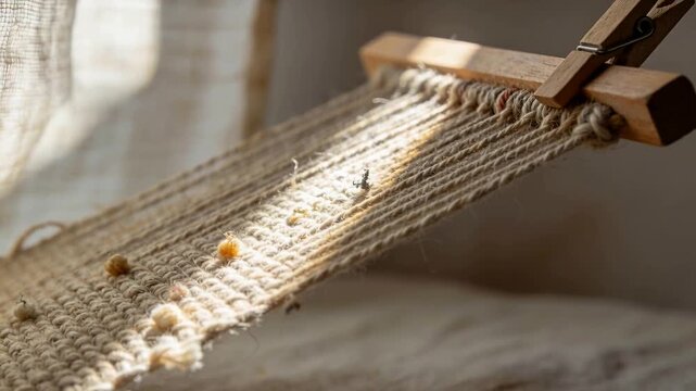 Shifting sunlight moving across cream beige woven strip from sheer curtain, showing tufted bobbles