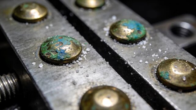 Shifting camera revealing terminal block at workbench, showing brass rivet patina and salt granules