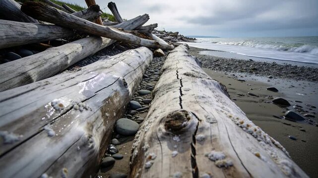 Pulling back camera revealing long driftwood log on pebbly shore, to show knot, barnacles, horizon