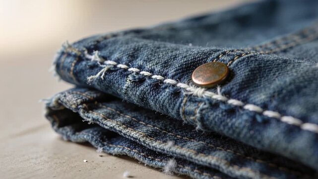 Moving camera capturing folded blue denim jeans on tabletop, revealing copper rivet detail