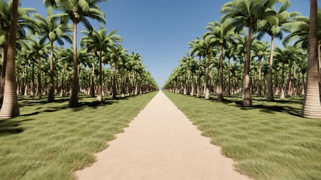 Realistic 3D Rendering Animation Moving Forward Along a Dirt Path Between Rows of Large Coconut Trees in an Agricultural Plantation Under a Bright Sunny Day