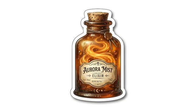 Vintage apothecary bottle filled with glowing magical golden mist and cork stopper isolated on a plain background for fantasy designs