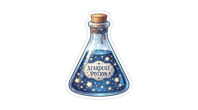 Magical glass bottle containing glowing stardust and sparkling stars with a vintage label isolated on a white background