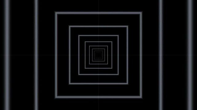 Silver neon square frames advance into a tunnel in a cool video